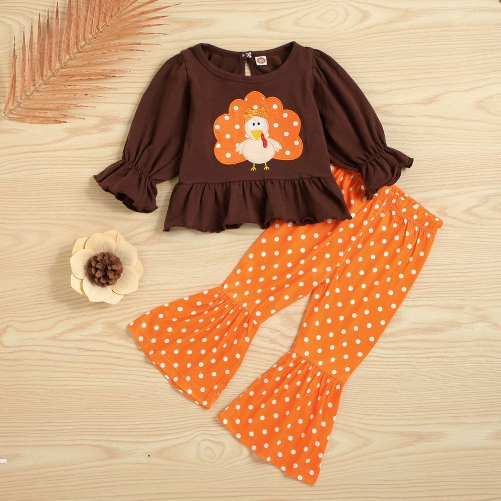 Thanksgiving Turkey Polka Dot Print Bell Bottom Outfit Set 4T